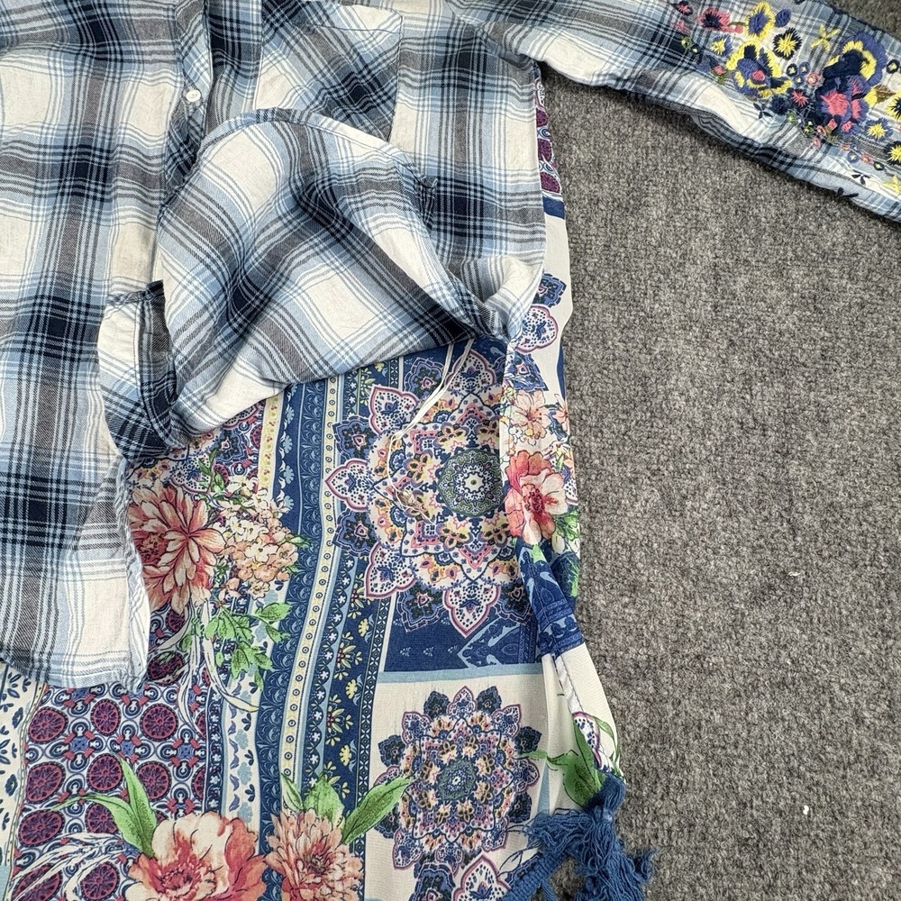 Andree by Unit Boho Tunic Top M Blue Plaid‎ Floral Embroidered Patchwork Tassels - Picture 5 of 14